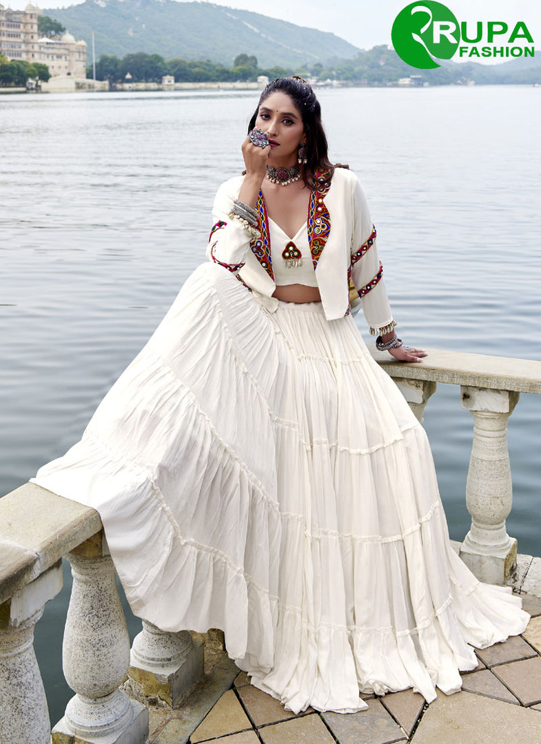 Outstanding White Color Plain Work Rayon Readymade Lehenga Choli
