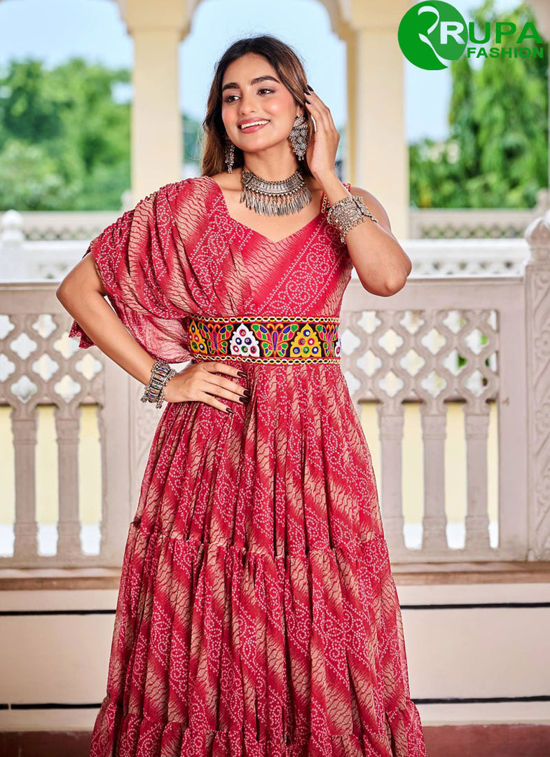 Rani Color Faux Georgette Gown with Gamthi, Mirror and Print Work