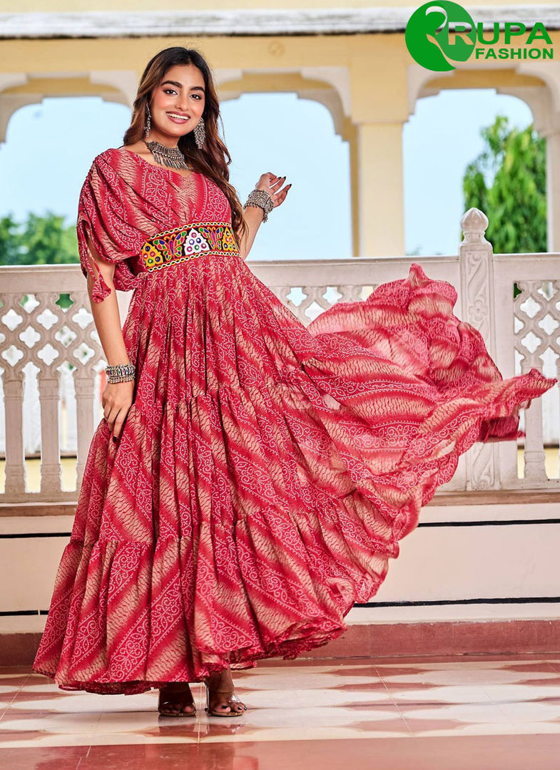 Rani Color Faux Georgette Gown with Gamthi, Mirror and Print Work