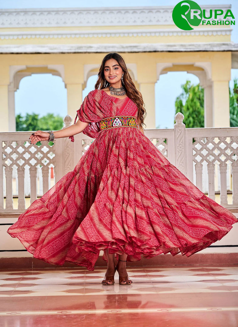 Rani Color Faux Georgette Gown with Gamthi, Mirror and Print Work