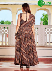 Brown Color Faux Georgette Ready Made Gown with Gamthi, Mirror and Print Work