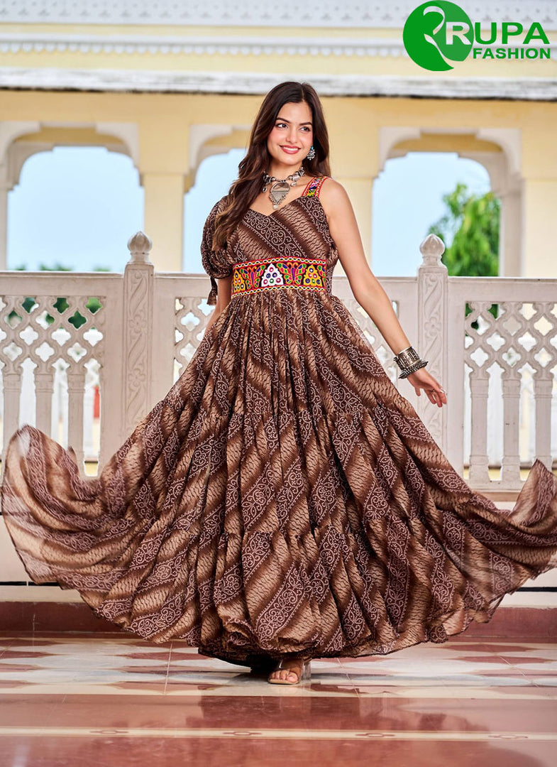 Brown Color Faux Georgette Ready Made Gown with Gamthi, Mirror and Print Work
