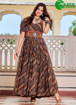 Load image into Gallery viewer, Brown Color Faux Georgette Ready Made Gown with Gamthi, Mirror and Print Work
