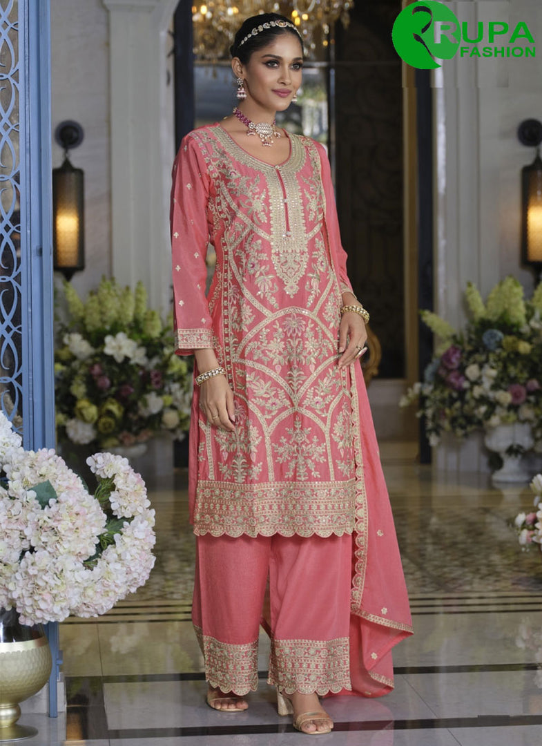Adorable Pink Color Chinon Palazzo Salwar Suit