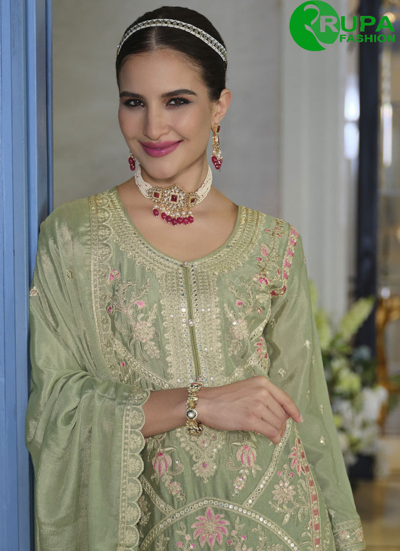 Embroidered Work Chinon Palazzo Salwar Suit In Green Color