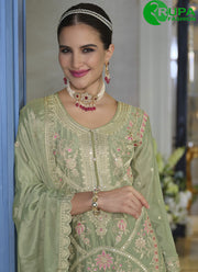 Embroidered Work Chinon Palazzo Salwar Suit In Green Color