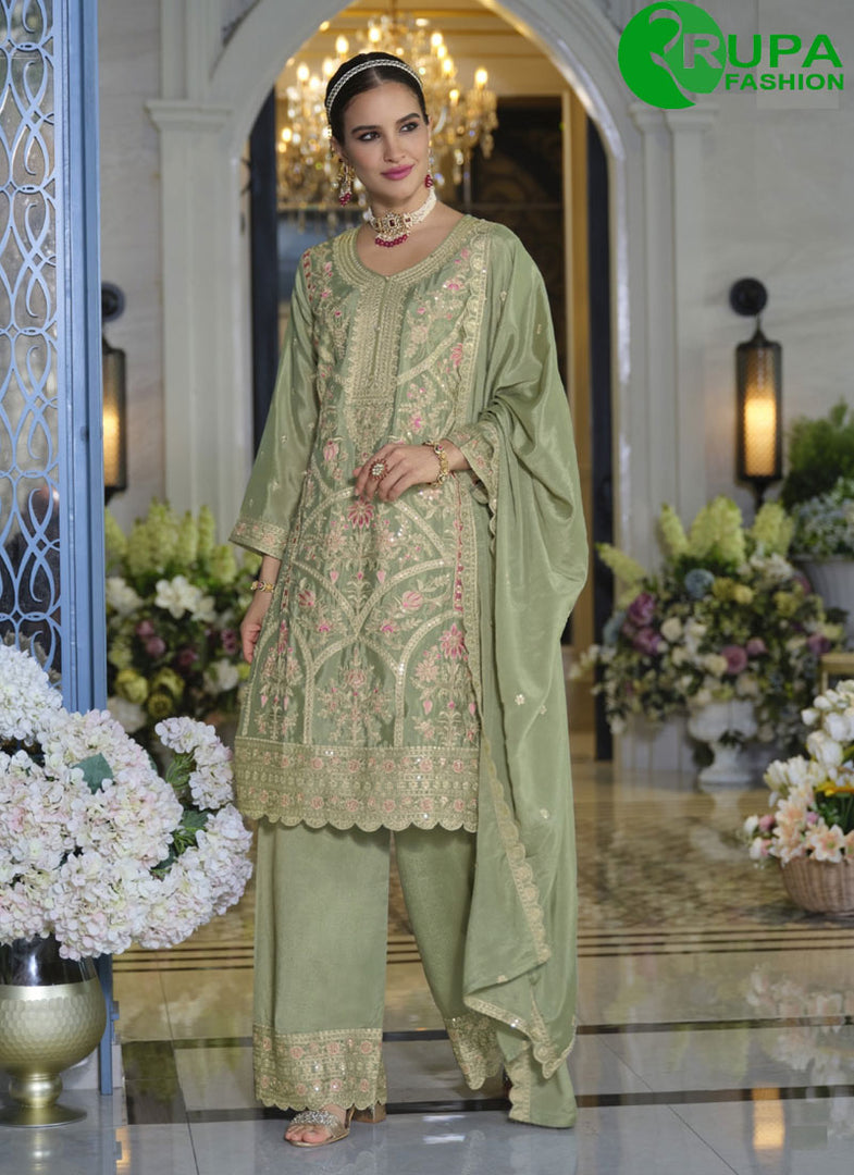 Embroidered Work Chinon Palazzo Salwar Suit In Green Color