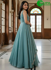 Wonderful Teal Color Satin New Designer Party Wear Ready Made Gown