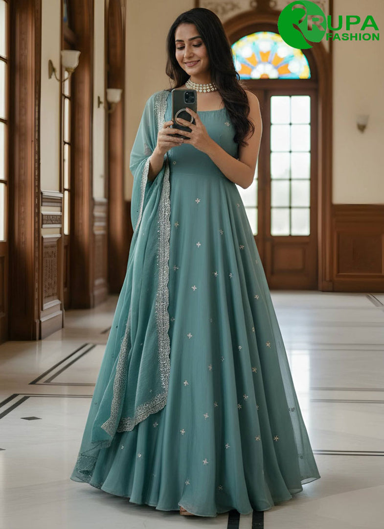 Wonderful Teal Color Satin New Designer Party Wear Ready Made Gown