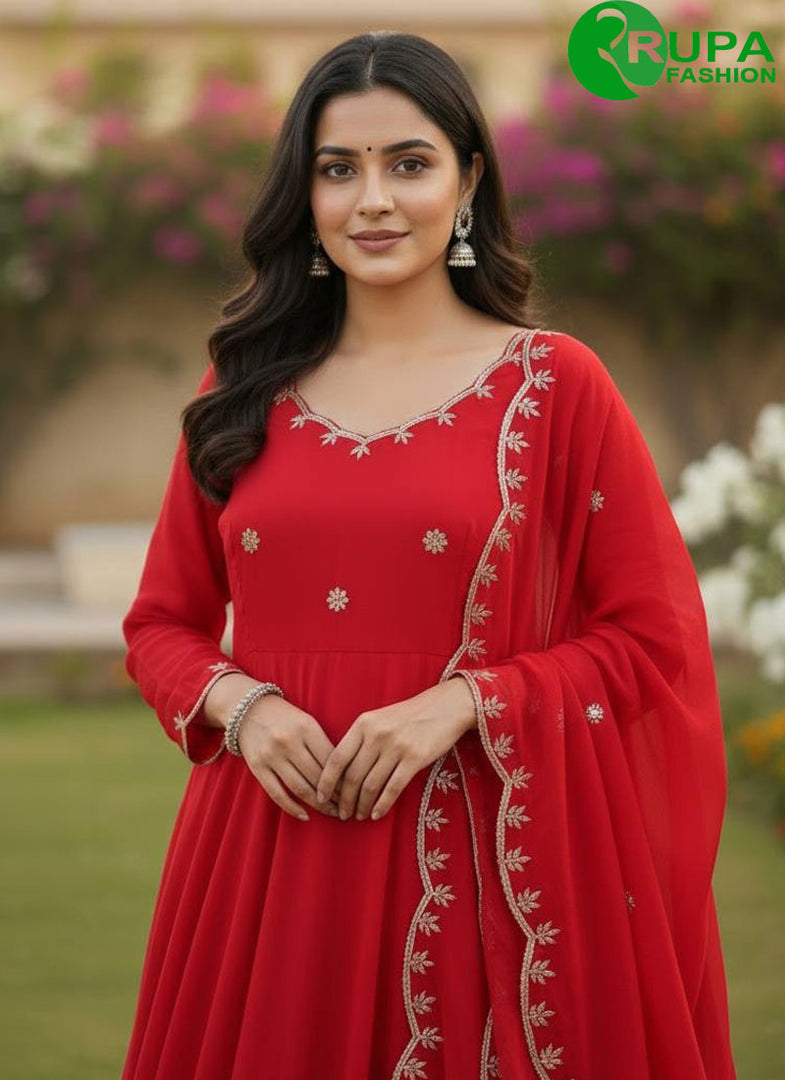 Beautiful Red Color Vichitra Silk Designer Party Wear Gown