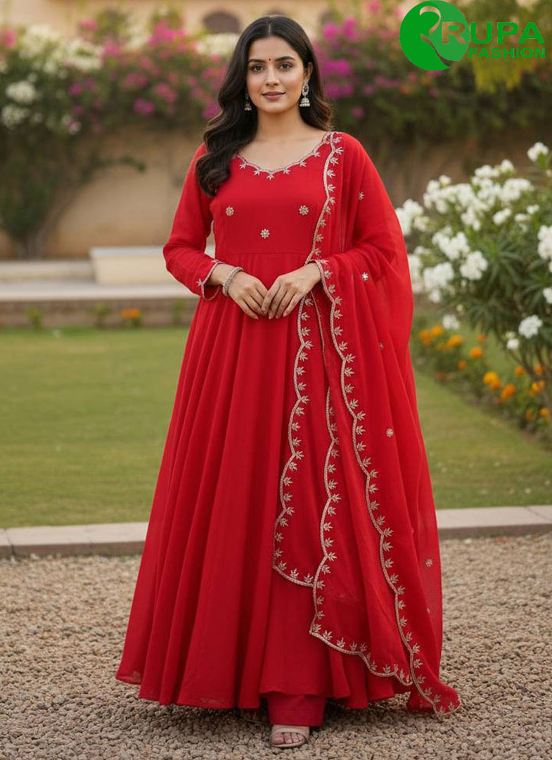 Beautiful Red Color Vichitra Silk Designer Party Wear Gown