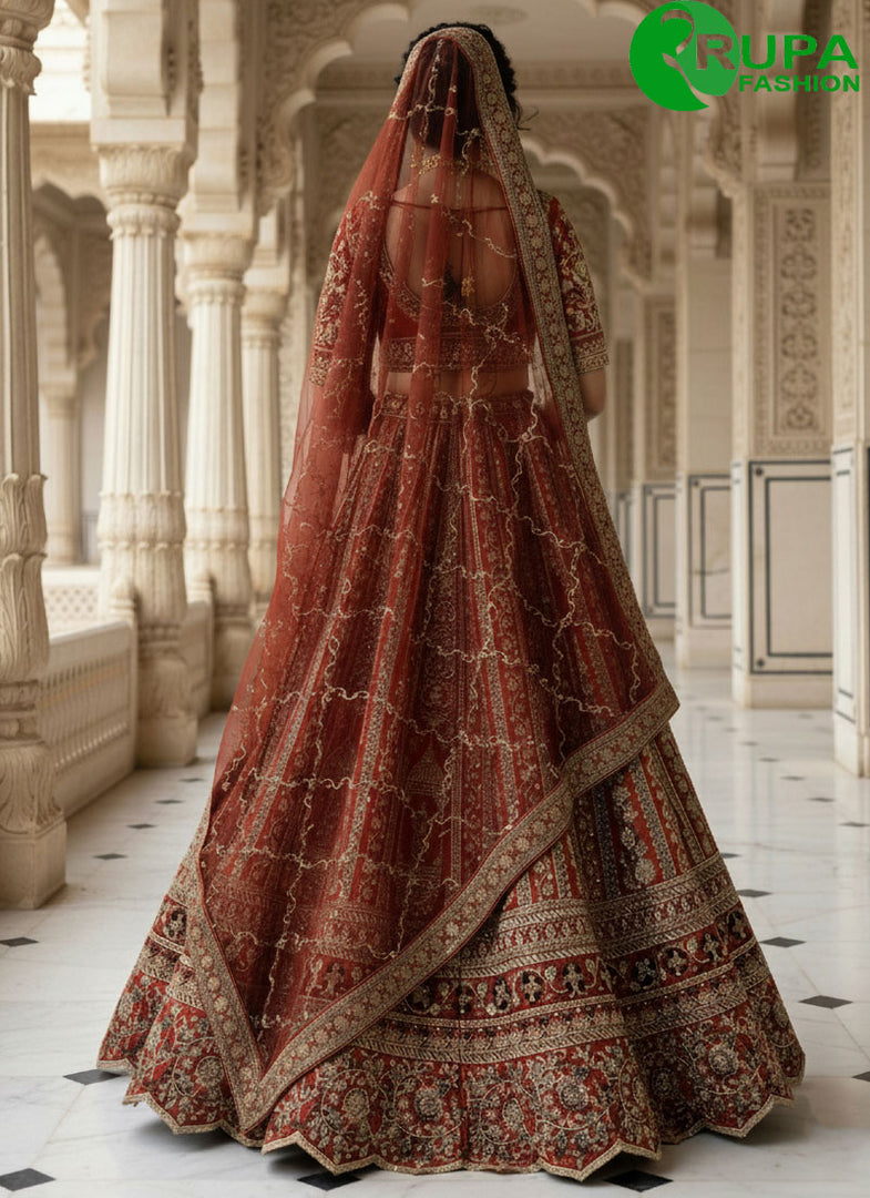 Majestic Orange Colo Silk Bridal Lehenga Choli with Dori, Embroidered, Sequins, Thread and Zari Work