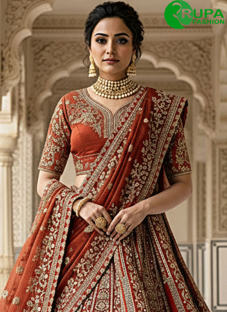 Majestic Orange Colo Silk Bridal Lehenga Choli with Dori, Embroidered, Sequins, Thread and Zari Work