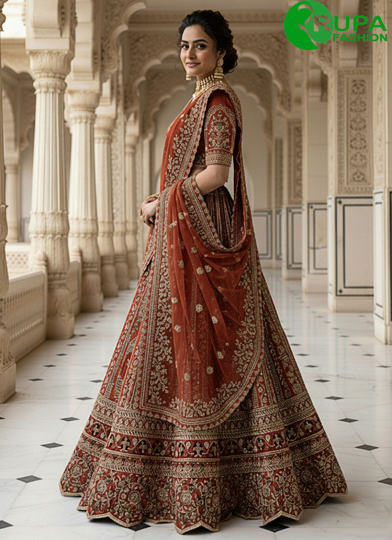 Majestic Orange Colo Silk Bridal Lehenga Choli with Dori, Embroidered, Sequins, Thread and Zari Work