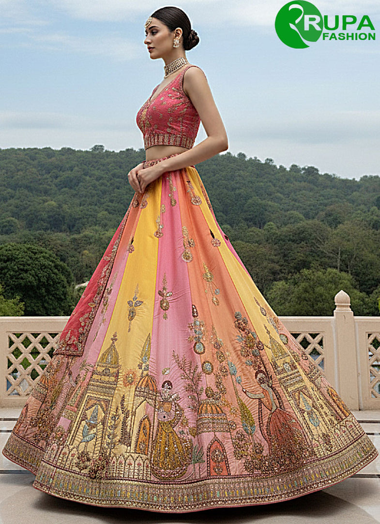 Wonderful Multi Color Dori, Embroidered, Sequins and Thread Work Silk Lehenga Choli