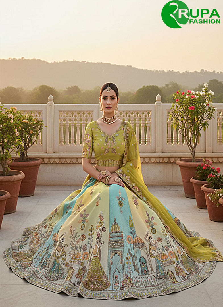 Eye Catchy Multi Color Silk With Hand Work Designer A Line Lehenga Choli
