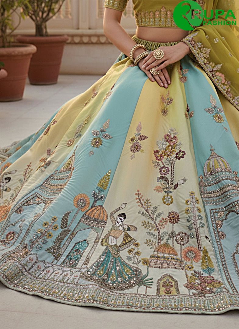 Eye Catchy Multi Color Silk With Hand Work Designer A Line Lehenga Choli