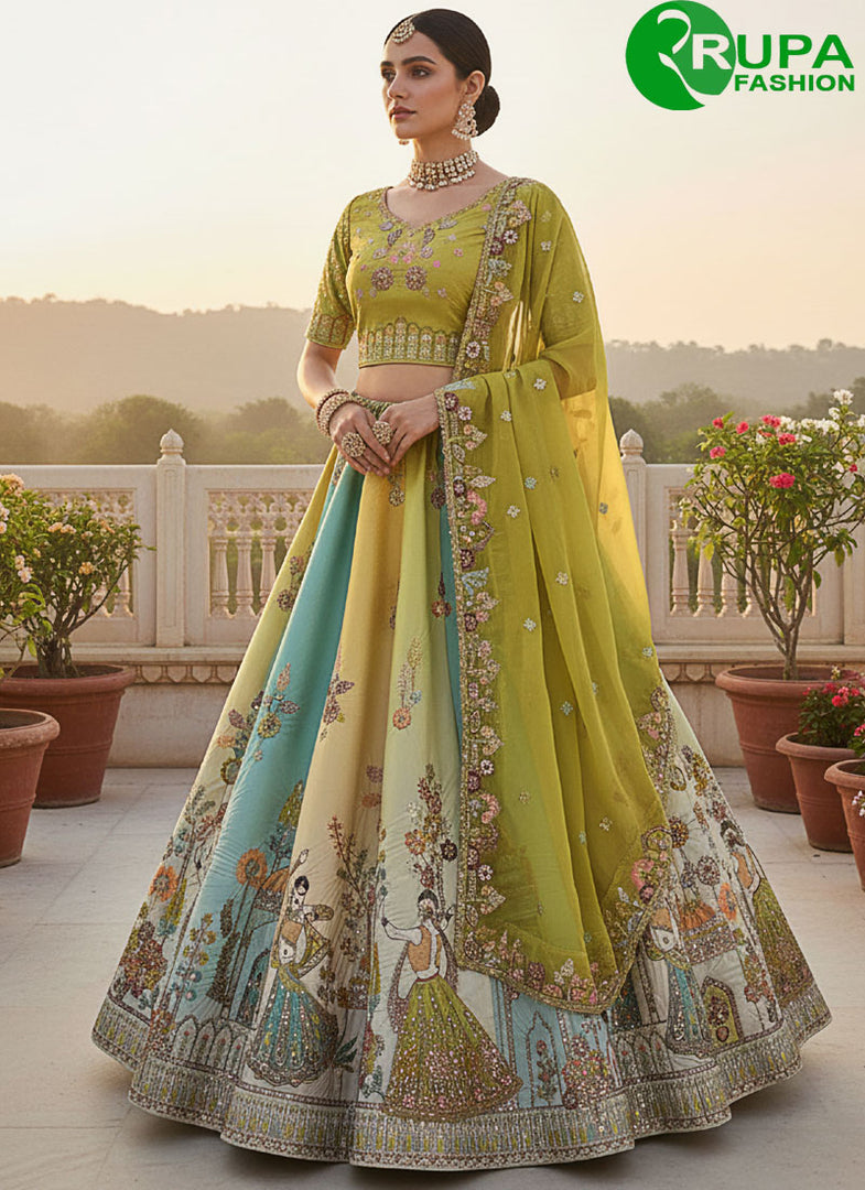 Eye Catchy Multi Color Silk With Hand Work Designer A Line Lehenga Choli