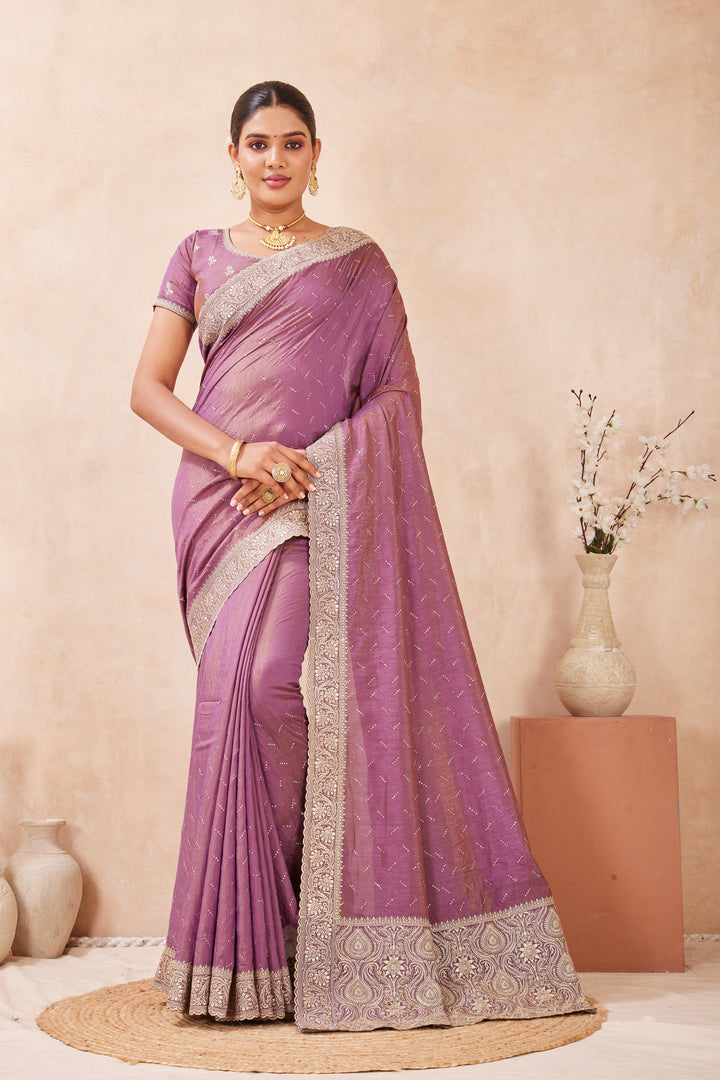 Lavender Color Silk New Designer Embroidered and Swarovski Work Traditional Saree