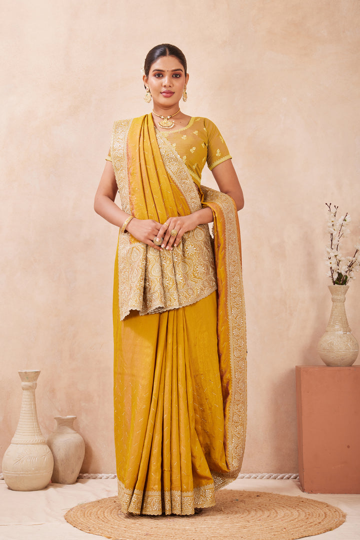 Mustard Color Silk Embroidered and Swarovski Work Trendy Designer Saree