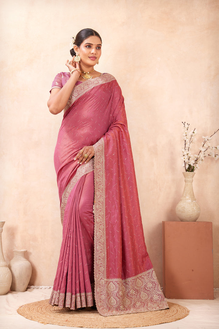 Pink Color Silk Designer Saree with Embroidered and Swarovski Work