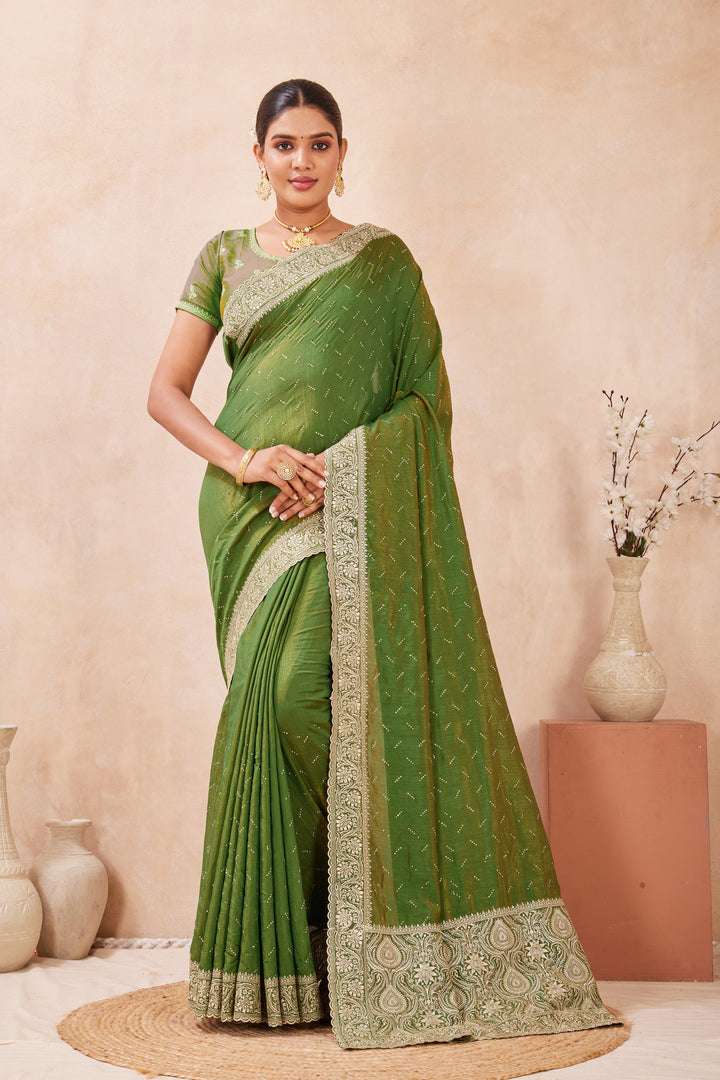 Green Color Silk Embroidered and Swarovski Work Classical Saree