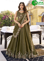 Load image into Gallery viewer, Mehandi Green Color Crush Lehenga Choli with Embroidered, Sequins and Thread Work