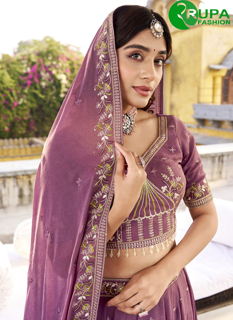 Lavender Color Crush Lehenga Choli with Embroidered, Sequins and Thread Work