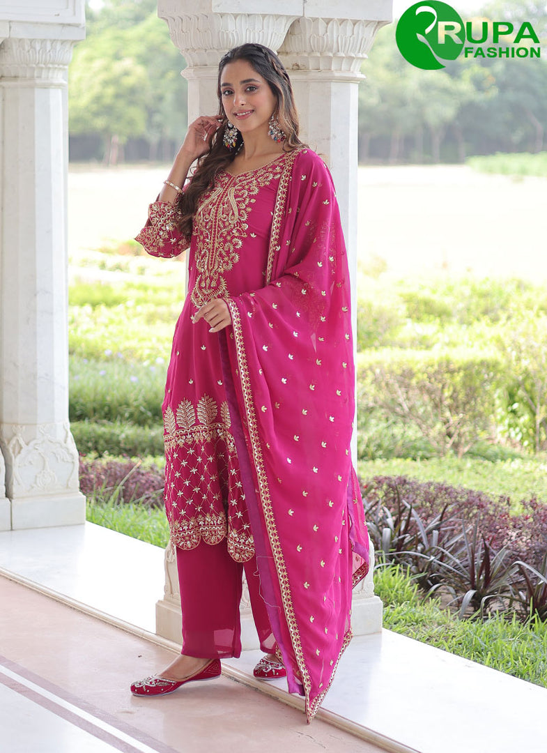 Alluring Magenta Color Faux Blooming Salwar Suit with Embroidered Work