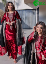 Load image into Gallery viewer, Adorable Red Color Zari Embroidered Ice Velvet Wedding Wear Palazzo Suit