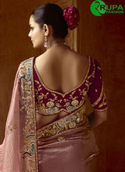Embroidered, Moti and Sequins Work Fancy Fabric Trendy Saree In Pink and Rust Color