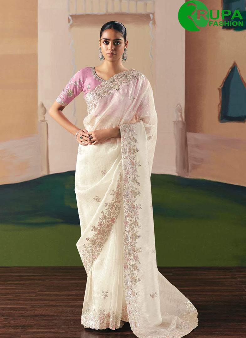 Cream Color Embroidered and Sequins Work Fancy Fabric Classic Saree