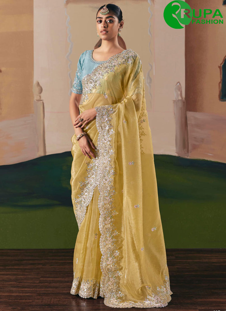 Yellow Color Fancy Fabric Embroidered and Sequins Work Traditional Party Wear Saree