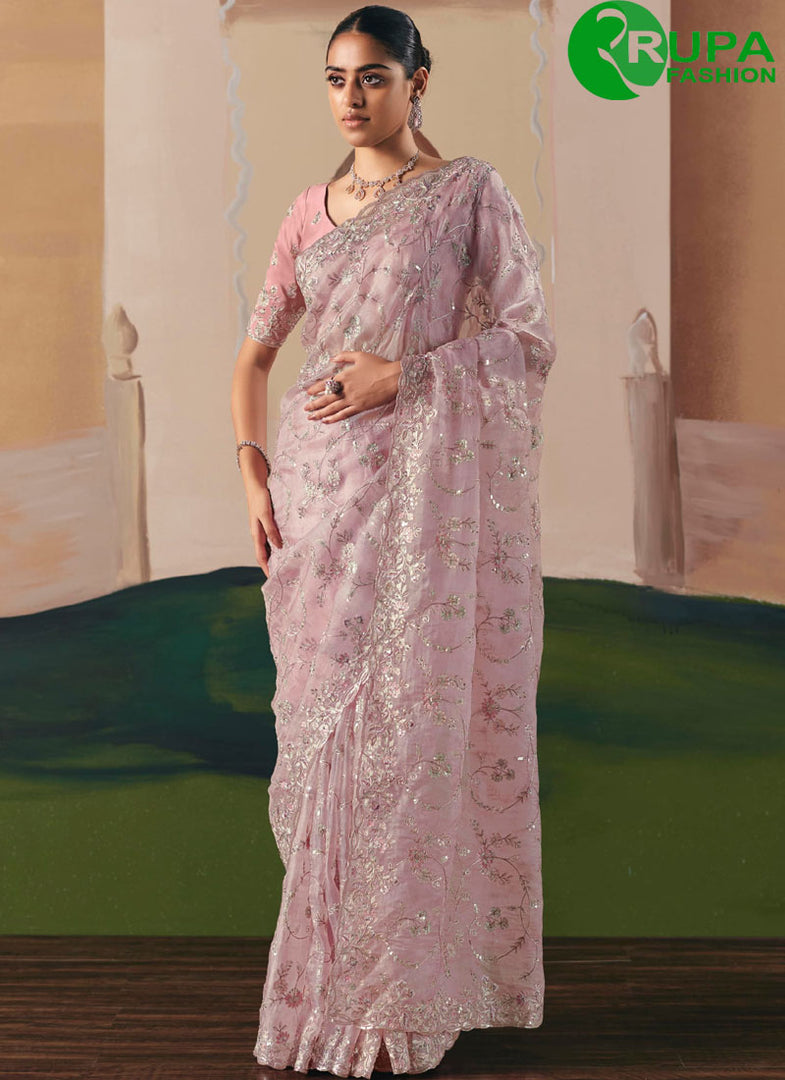 Pink Color Fancy Fabric Embroidered and Sequins Work Trendy Saree