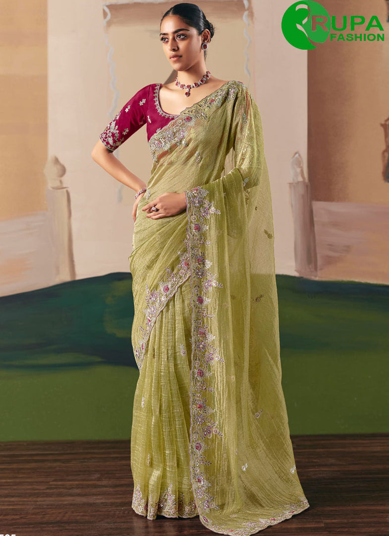 Green Color Fancy Fabric Contemporary Saree with Embroidered and Sequins Work