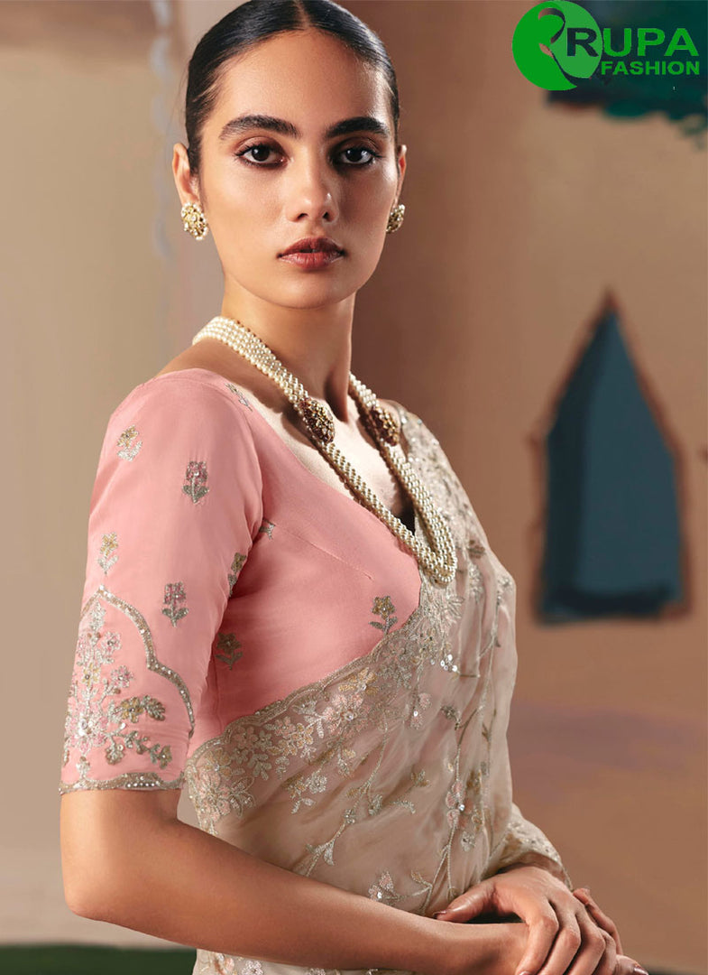 Cream Color Fancy Fabric Embroidered and Sequins Work Classical Saree