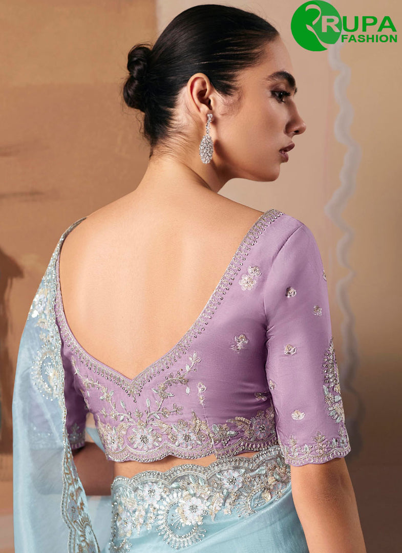 Adorable Aqua Blue Color Fancy Fabric Traditional Party Wear Saree