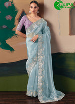 Load image into Gallery viewer, Adorable Aqua Blue Color Fancy Fabric Traditional Party Wear Saree
