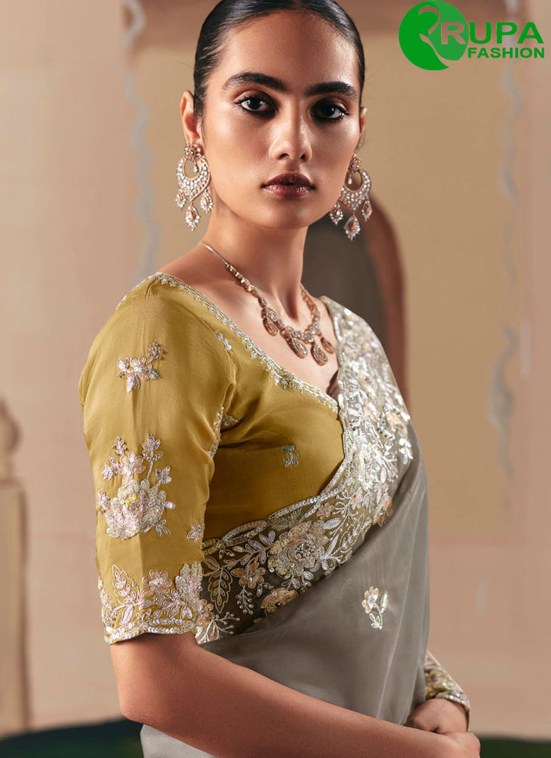 Grey Color Embroidered and Sequins Work Fancy Fabric Classical Saree