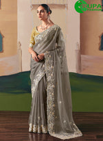 Load image into Gallery viewer, Grey Color Embroidered and Sequins Work Fancy Fabric Classical Saree
