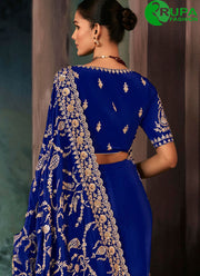 Blue Color Faux Crepe Trendy Saree with Aari and Embroidered Work