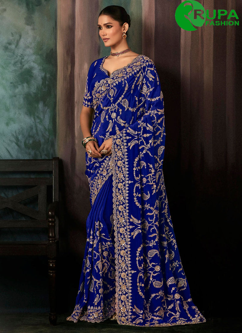Blue Color Faux Crepe Trendy Saree with Aari and Embroidered Work