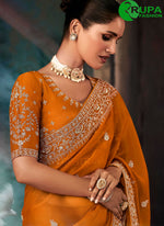 Load image into Gallery viewer, Orange Color Fancy Fabric Aari and Embroidered Work Contemporary Traditional Saree