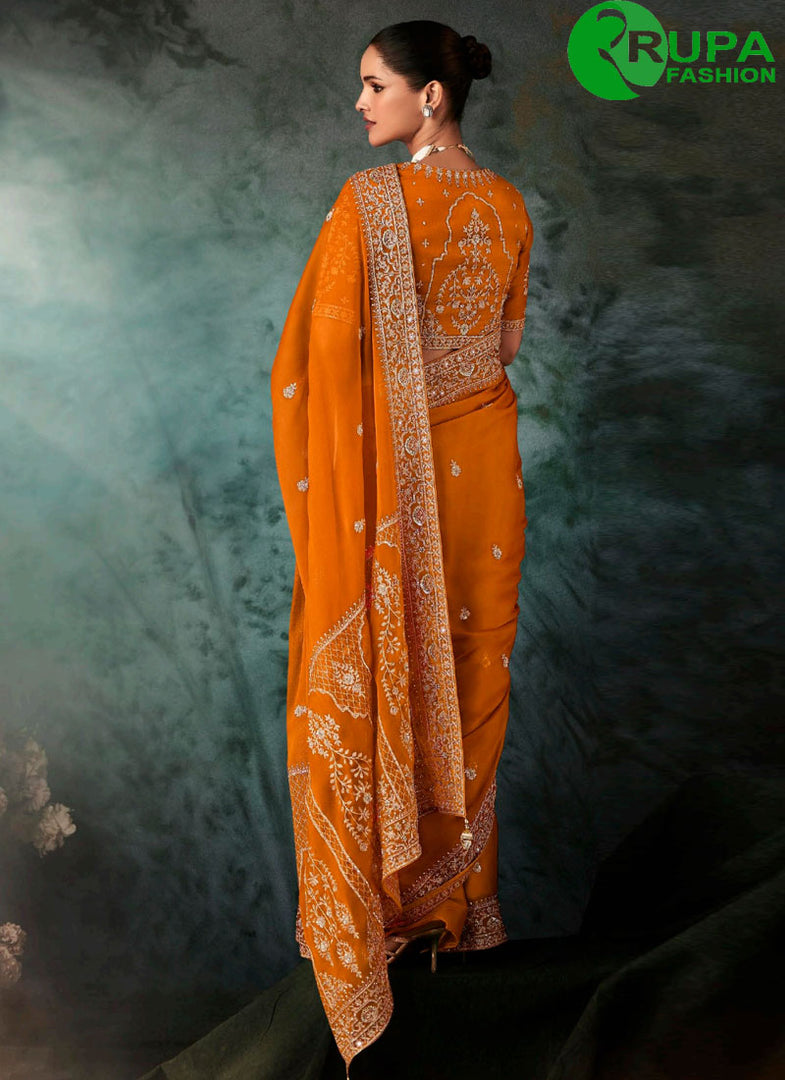 Orange Color Fancy Fabric Aari and Embroidered Work Contemporary Traditional Saree