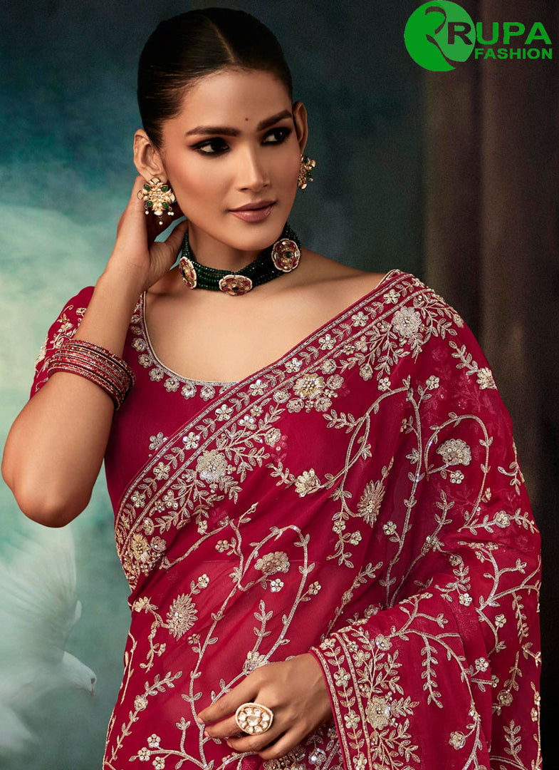 Maroon Color Faux Crepe Traditional Party Wear Saree With Embroidered Work