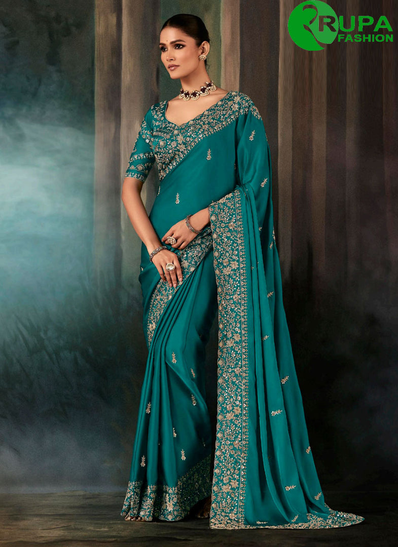 Teal Color Satin Classical Saree with Aari and Embroidered Work