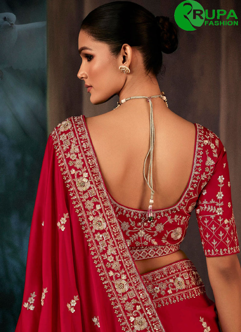 Lovely Pink Color Faux Crepe Trendy Saree with Aari and Embroidered Work