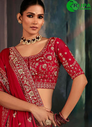 Divine Red Color Contemporary Saree with Aari and Embroidered Work