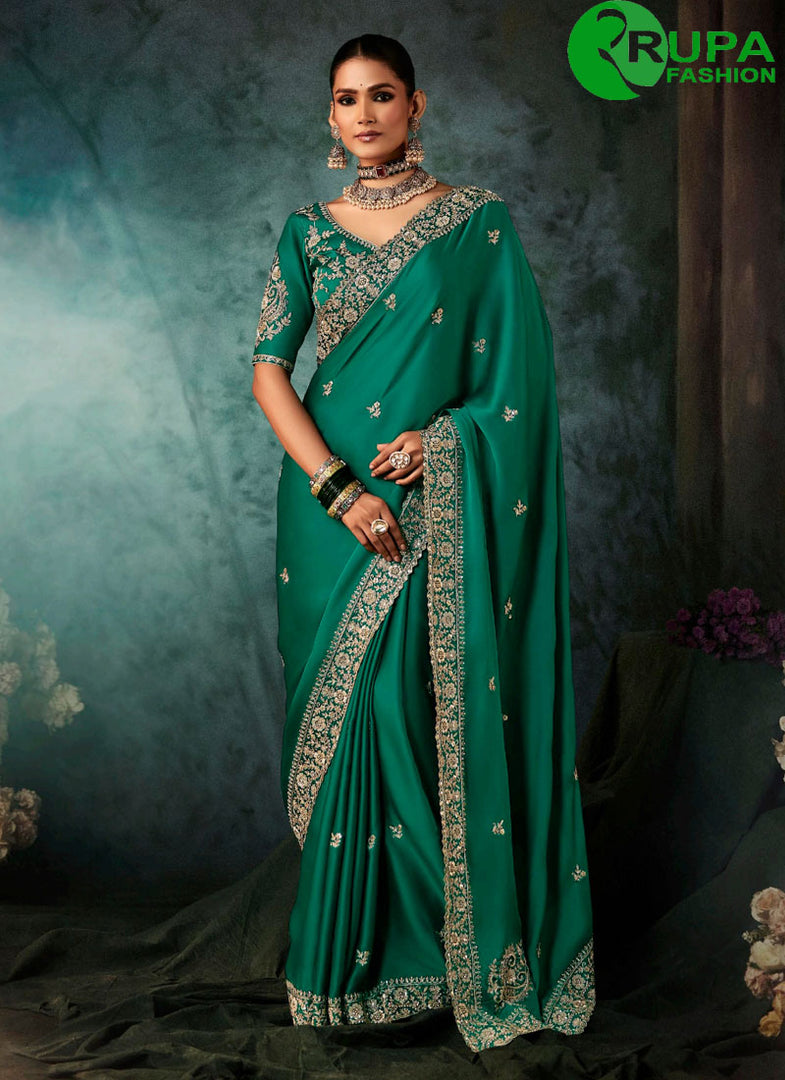Delightful Green Color Satin New Designer Party Wear Saree
