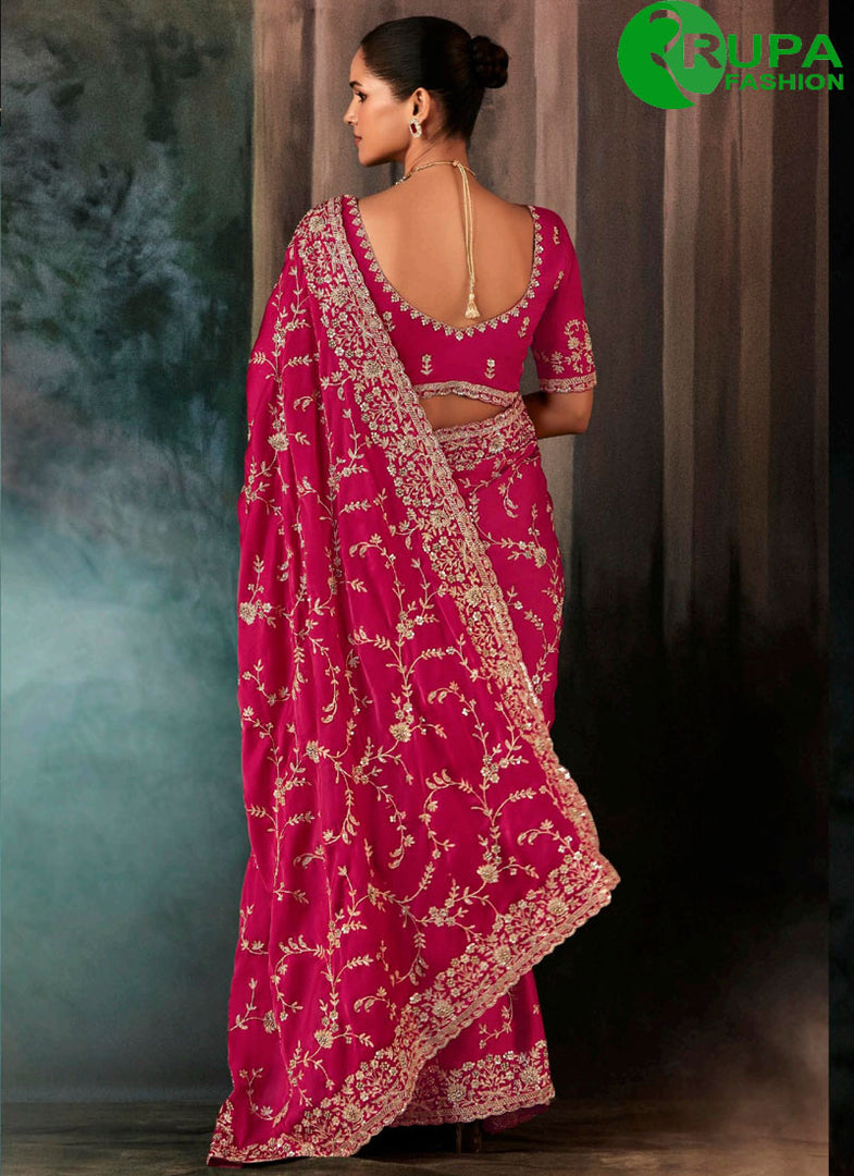 Lovely Pink Color Satin Traditional Saree with Aari and Embroidered Work